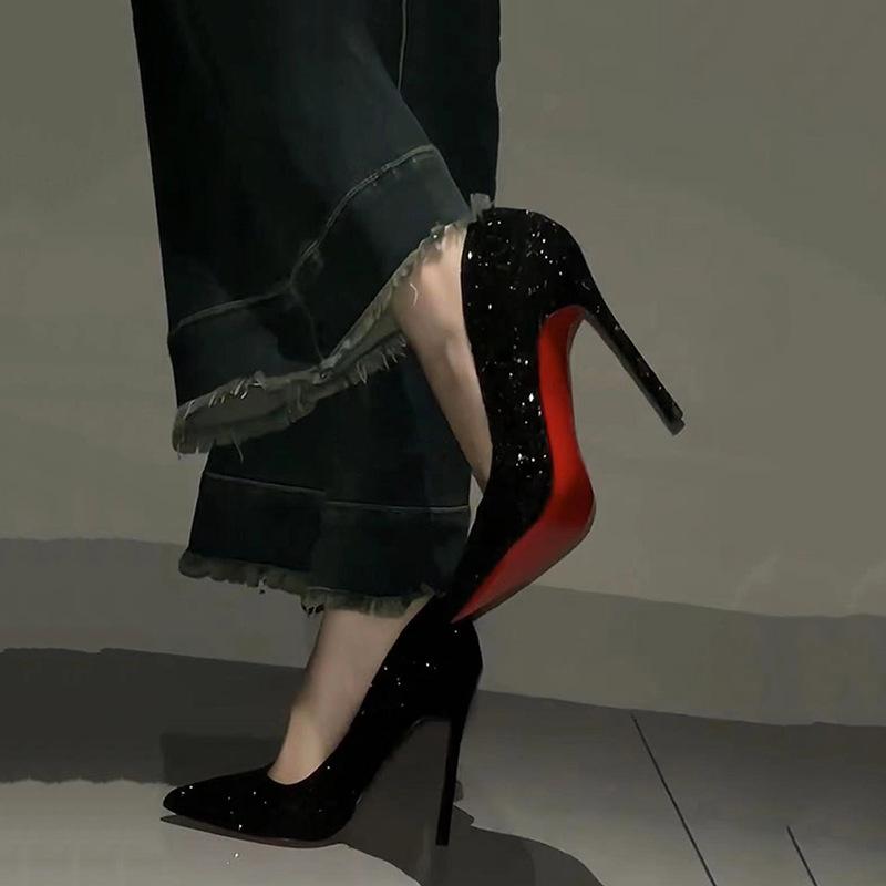 Red Bottom High Heel Shoes Full Diamond Spring and Autumn New Pointed Sequined Beautiful Pumps Small Black Thin Heel Women's Shoes