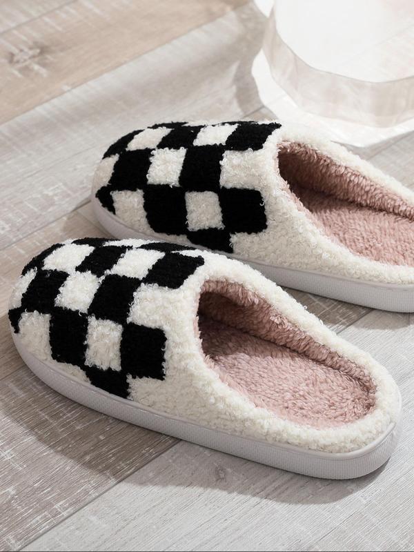 Women's Checkerboard Pattern Plush Slippers, Casual Soft Comfortable Home Slippers, Warm Slippers for Indoor & Outdoor Use for Fall & Winter