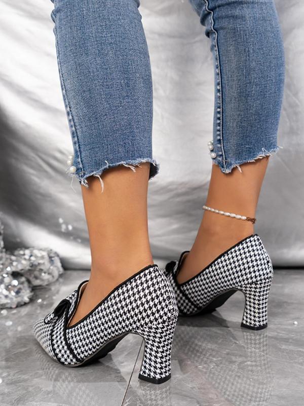 Women's 1 Pair Houndstooth Print Bowknot High Heel Slip on Shoes, Fashionable Pointed Toe Heels for Daily Wear, Lightweight Breathable Comfortable Shoes for Women & Girls