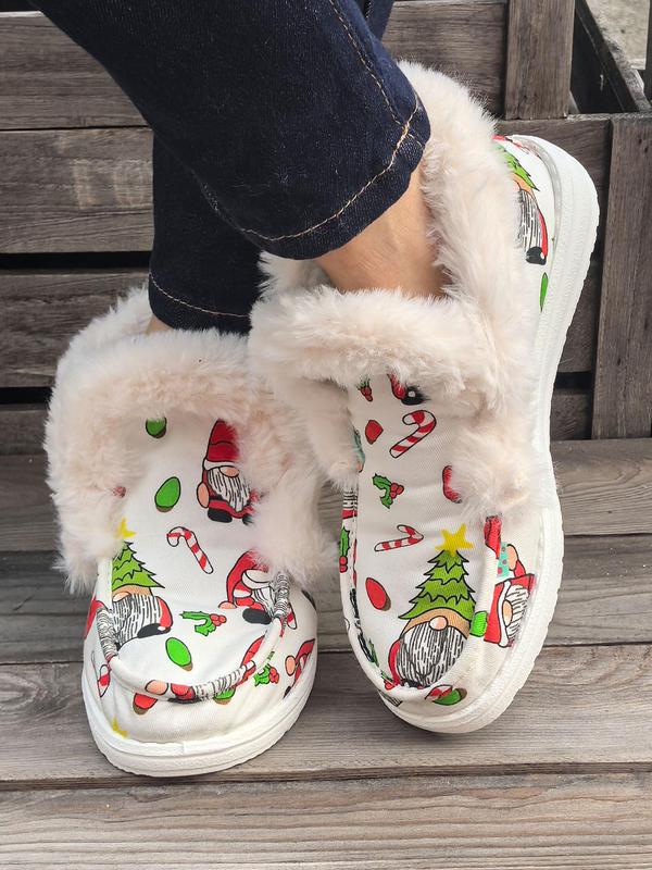 Women's Cute Cartoon Christmas Print Plush Slip on Sneakers, Casual Comfortable Warm Cute Shoes for Fall & Winter, Fluffy Shoes for Indoor & Outdoor