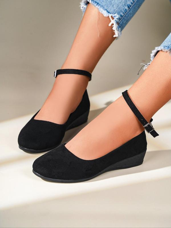 Women's Fashionable Solid Color Ankle Strap Wedge Shoes, Casual Comfortable Round Toe Wedge Flats, Lightweight Breathable Buckle Shoes for Women & Girls