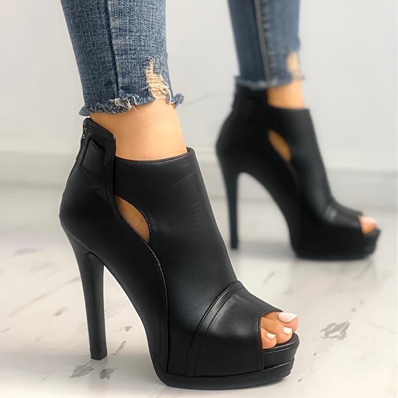 Women's Peep Toe High Heel Ankle Boots, Black Cut-out Back Zipper Stiletto Sandals, Party & Club Shoes