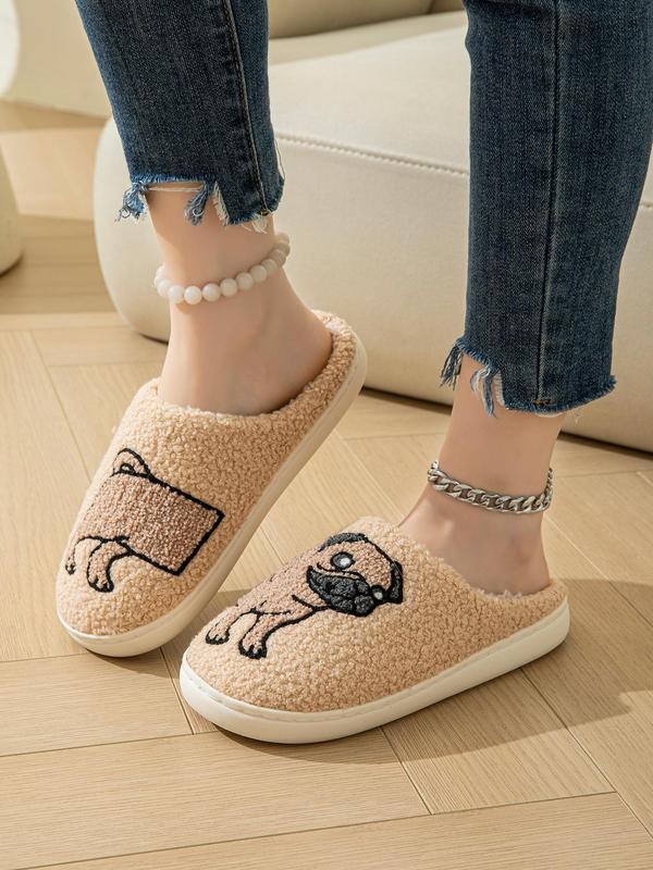 Women's Cute Cartoon Pug Pattern Plush Slippers, Casual Soft Comfortable Home Slippers, Warm Slippers for Indoor & Outdoor Use for Fall & Winter