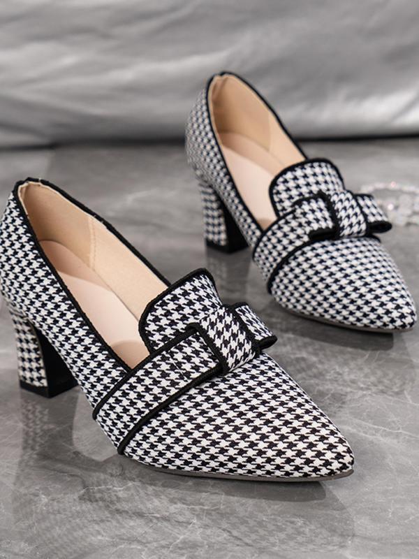 Women's 1 Pair Houndstooth Print Bowknot High Heel Slip on Shoes, Fashionable Pointed Toe Heels for Daily Wear, Lightweight Breathable Comfortable Shoes for Women & Girls