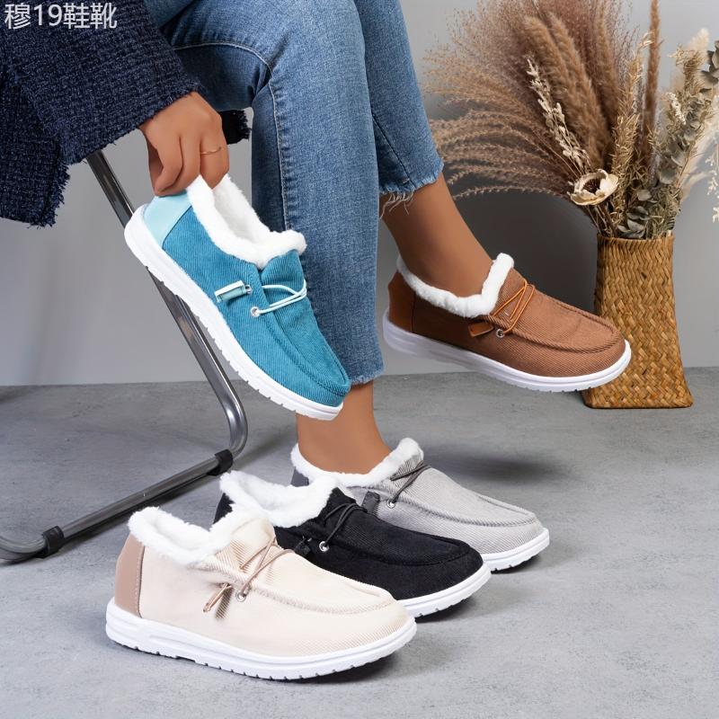 Women's Colorblock Fluffy Shoes, Slip On Thermal Lined Flat Soft Sole Shoes, Winter Plush Casual Canvas Shoes Footwear Walking Shoes