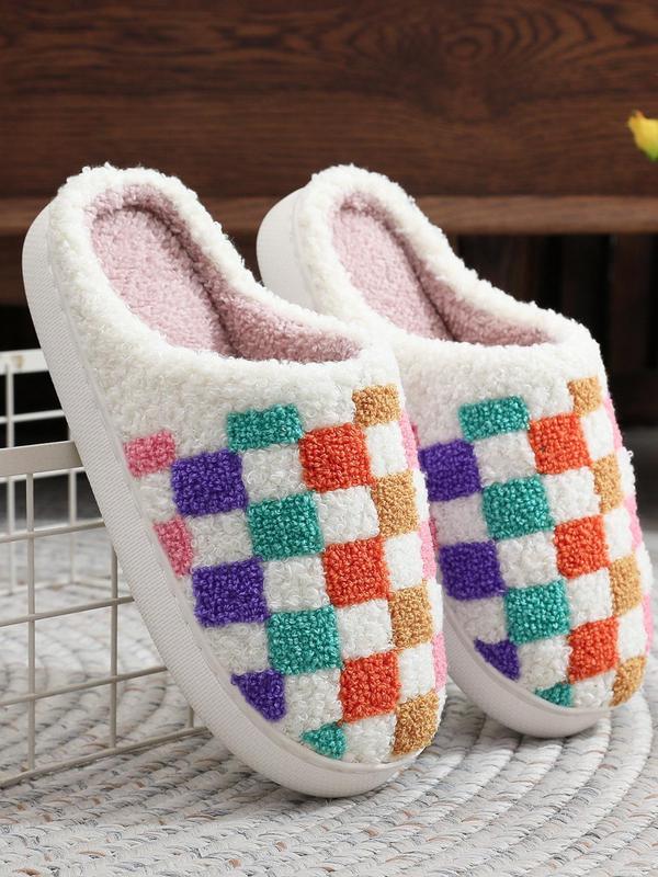 Women's Checkerboard Pattern Plush Slippers, Casual Soft Comfortable Home Slippers, Warm Slippers for Indoor & Outdoor Use for Fall & Winter