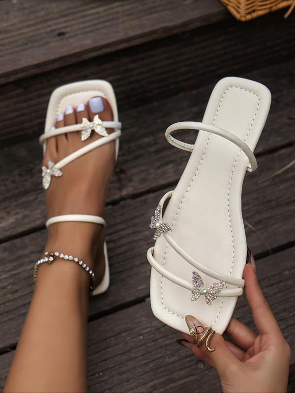 Women's Summer Fashionable Solid Rhinestones Butterfly Decor Slide Sandals, Summer Sandals, Slip-on Flat Sandals, Casual Breathable Square Toe Walking Shoes for Summer 2024, Slippers