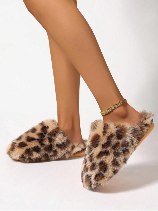 Women's Leopard Print Non-slip Fluffy Plush Slippers, Casual Soft Comfortable Home Slippers, Warm Slippers for Indoor & Outdoor Use for Fall & Winter