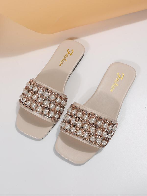 Fashion Faux Pearl & Rhinestone Decorated Slide Sandals, Casual Comfortable Flat Sandals for Summer, Non-slip Beach Shoes for Women