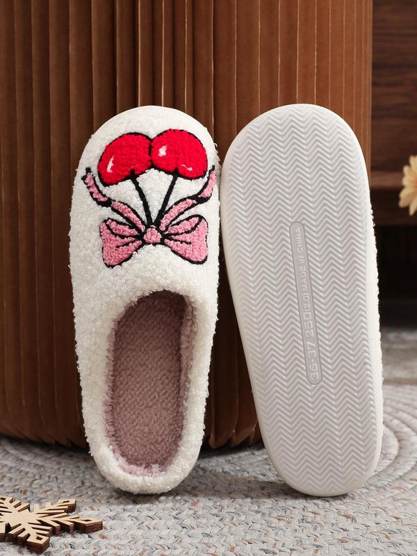 Women's Cute Cartoon Bowknot Pattern Plush Slippers, Casual Soft Comfortable Home Slippers, Warm Slippers for Indoor & Outdoor Use for Fall & Winter, Birthday Gifts