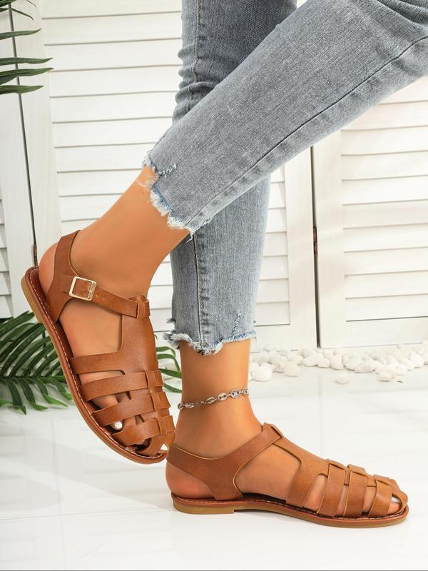 Women's Fashionable Hollow Out Design Flat Sandals, Casual Comfortable Buckle Sandals for Summer, Lightweight Breathable Barefoot Shoes for Daily Wear