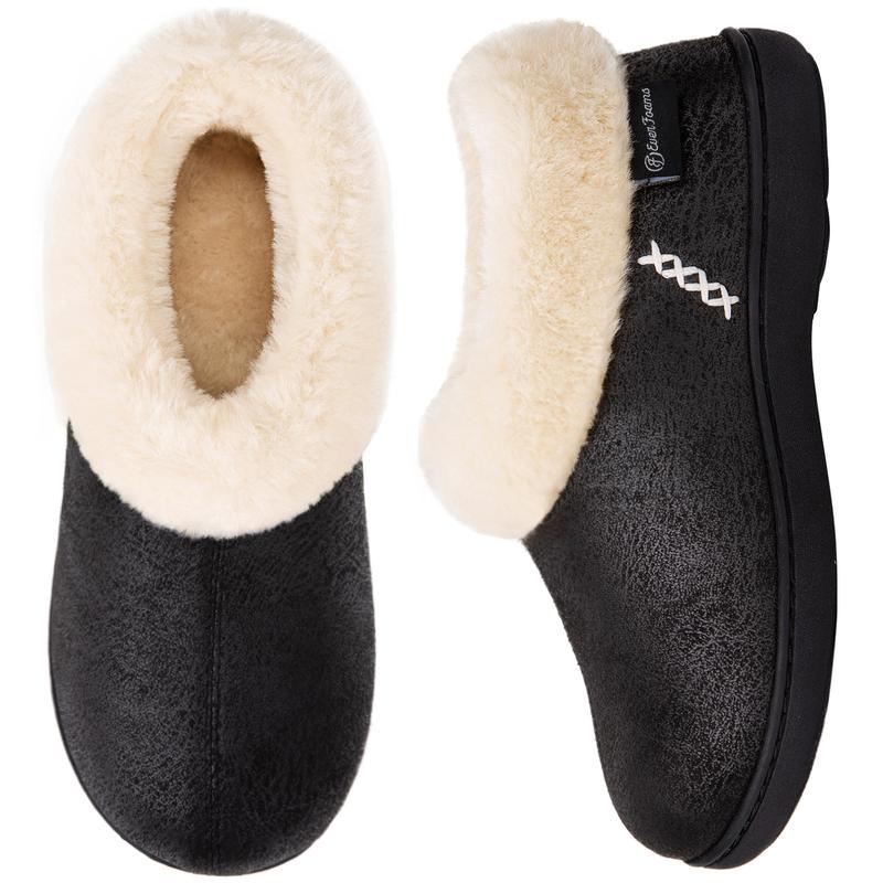 EverFoams Women's Micro Suede Cozy Memory Foam Winter Slippers with Fuzzy Faux Fur Collar and Indoor Outdoor Rubber Sole