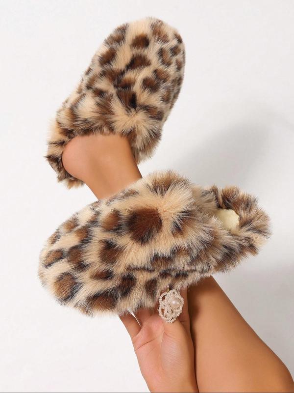 Women's Leopard Print Non-slip Fluffy Plush Slippers, Casual Soft Comfortable Home Slippers, Warm Slippers for Indoor & Outdoor Use for Fall & Winter