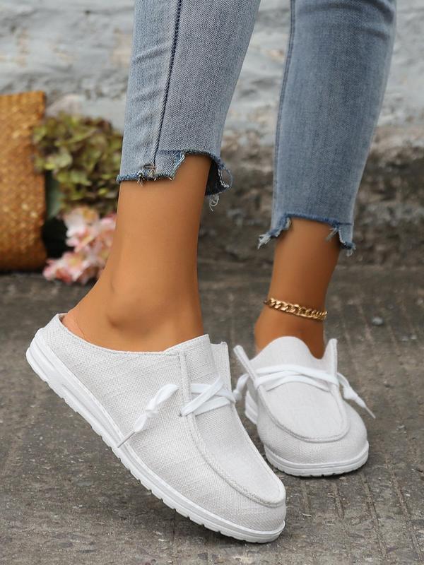 Women's Summer Simple Solid Lace Up Design Slip-on Shoes, Casual Versatile Soft Comfortable Walking Shoes, Female Basic Classic Round Toe Flat Shoes For Daily Wear