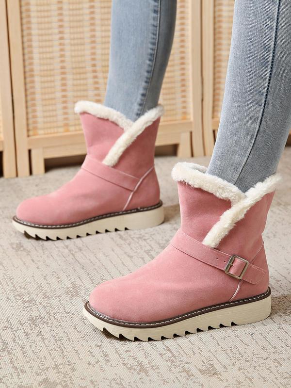 Women's Solid Color Fluffy Lined Ankle Snow Boots, Fashionable Round Toe Boots for Fall & Winter, All-match Commuter Shoes for Work & Daily Wear