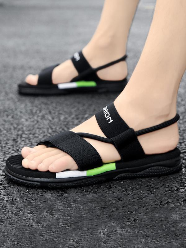 Summer 2024 Men's Casual Fashion Contrast Color Beach Slippers, Adjustable Strap, Comfortable Breathable Letter Print Flat Sandals