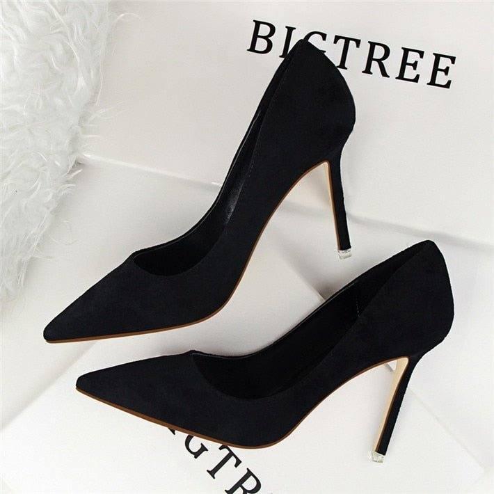 Plus Size 34-43 Woman Concise Office Shoes Fashion Pointed Toe Women Pumps Flock Shallow High Heels Women's Party Shoes 9 Colors