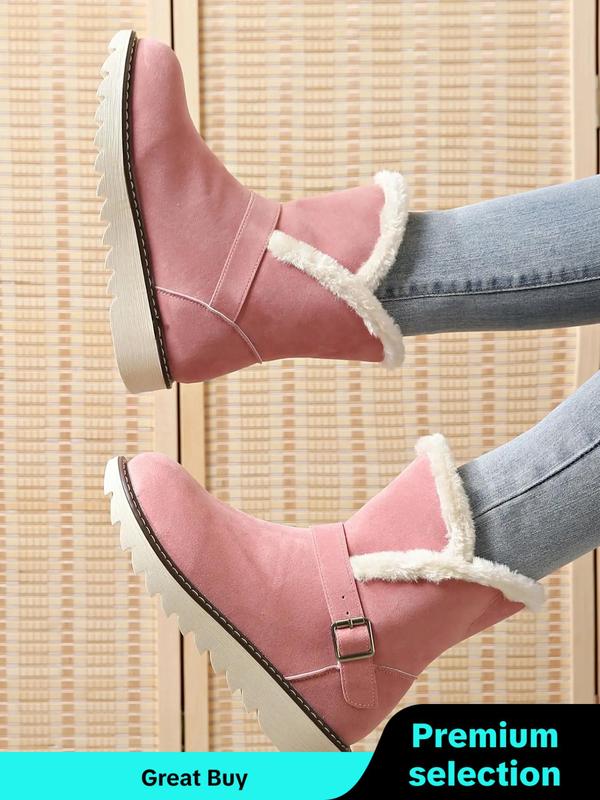 Women's Solid Color Fluffy Lined Ankle Snow Boots, Fashionable Round Toe Boots for Fall & Winter, All-match Commuter Shoes for Work & Daily Wear