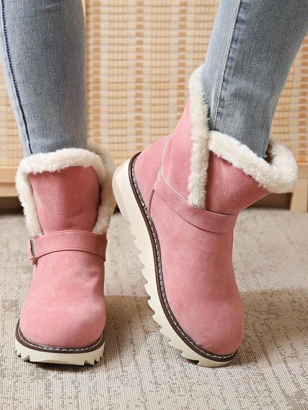 Women's Solid Color Fluffy Lined Ankle Snow Boots, Fashionable Round Toe Boots for Fall & Winter, All-match Commuter Shoes for Work & Daily Wear