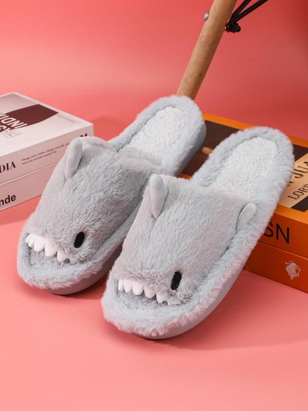 Men's Cute Cartoon Shark Design Plush Slippers, 2024 Casual Soft Comfortable Home Slippers, Warm Slippers for Indoor & Outdoor Use for Fall & Winter, Boy's Walking Shoes, Footwear