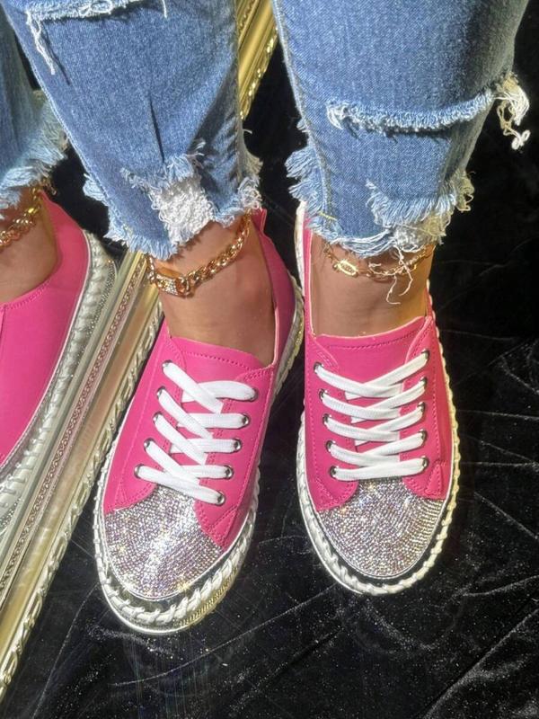 Women's Fashion Rhinestone Decorated Lace Up Platform Sneakers, Casual Comfortable Shoes for Daily Wear, Female All-match Round Toe Shoes for Daily Wear, Girl's Walking Shoes