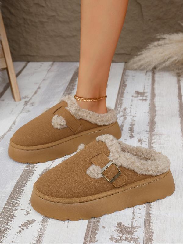 Women's Fashionable Contrast Faux Fur Belted Slippers, Casual Soft Comfortable Home Slippers, Warm Slippers for Indoor & Outdoor Use for Fall & Winter