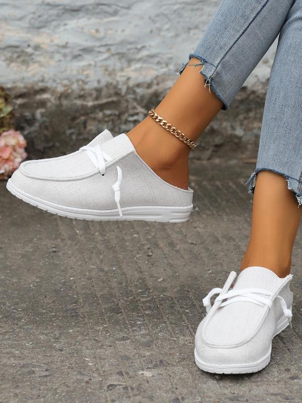 Women's Summer Simple Solid Lace Up Design Slip-on Shoes, Casual Versatile Soft Comfortable Walking Shoes, Female Basic Classic Round Toe Flat Shoes For Daily Wear