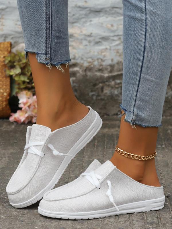 Women's Summer Simple Solid Lace Up Design Slip-on Shoes, Casual Versatile Soft Comfortable Walking Shoes, Female Basic Classic Round Toe Flat Shoes For Daily Wear