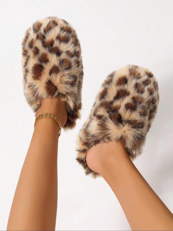 Women's Leopard Print Non-slip Fluffy Plush Slippers, Casual Soft Comfortable Home Slippers, Warm Slippers for Indoor & Outdoor Use for Fall & Winter