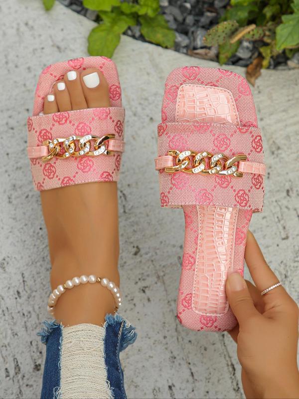 Women's Fashionable Rhinestone Decorated Chain Design Slip on Sandals, Casual Open Toe Floral Pattern Flat Sandals for Beach Vacation, New Trendy Shoes Back To School