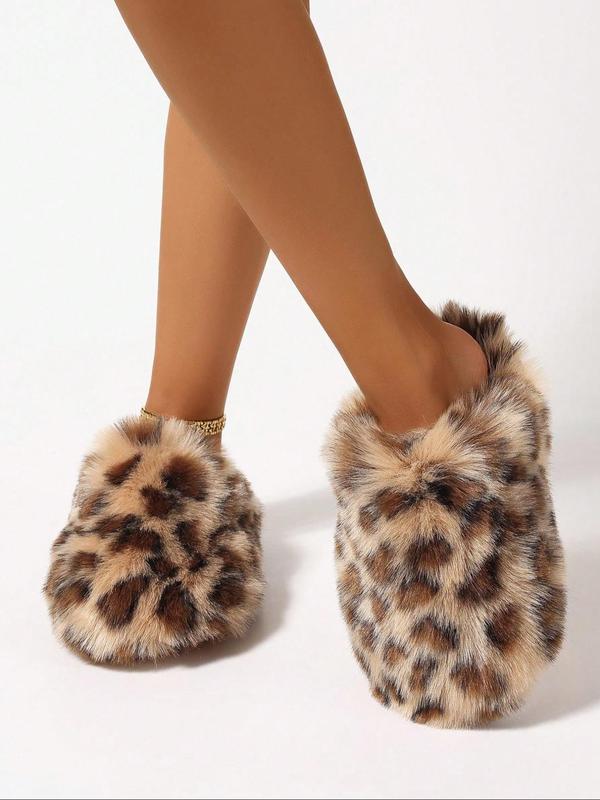 Women's Leopard Print Non-slip Fluffy Plush Slippers, Casual Soft Comfortable Home Slippers, Warm Slippers for Indoor & Outdoor Use for Fall & Winter