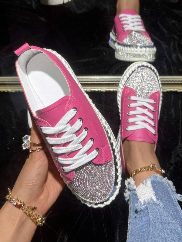 Women's Fashion Rhinestone Decorated Lace Up Platform Sneakers, Casual Comfortable Shoes for Daily Wear, Female All-match Round Toe Shoes for Daily Wear, Girl's Walking Shoes