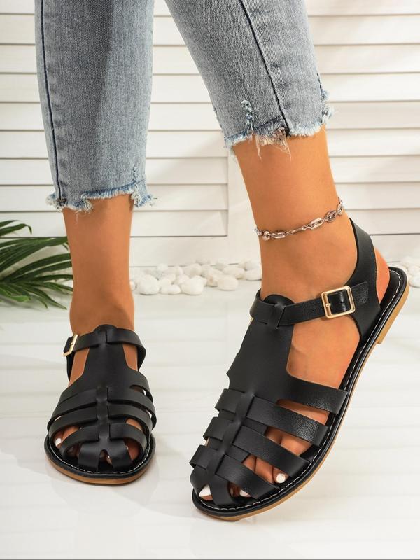 Women's Fashionable Hollow Out Design Flat Sandals, Casual Comfortable Buckle Sandals for Summer, Lightweight Breathable Barefoot Shoes for Daily Wear