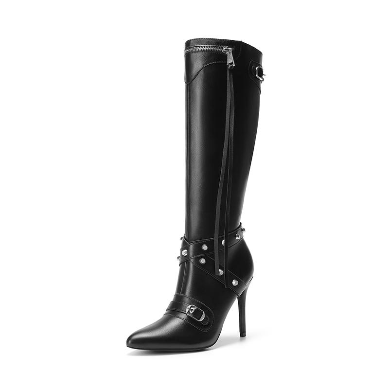 Dream Pairs Women's Studded Cross-over Strap Stiletto Heel Boots