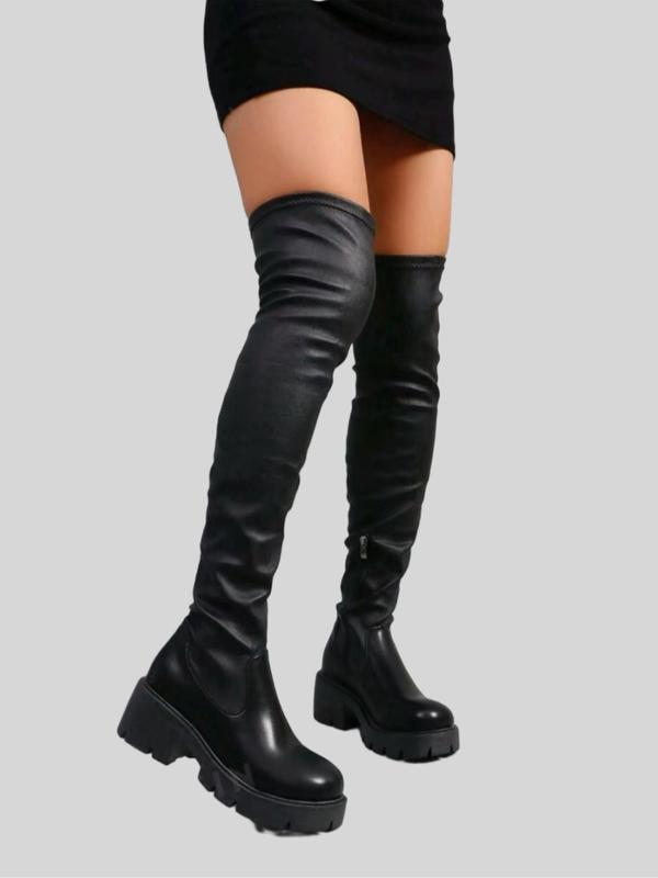 Women's Fashionable Solid Color Over The Knee Boots, Casual Comfortable Round Toe High Heel Boots for Daily Wear, Female All-match Trend Shoes for Fall & Winter