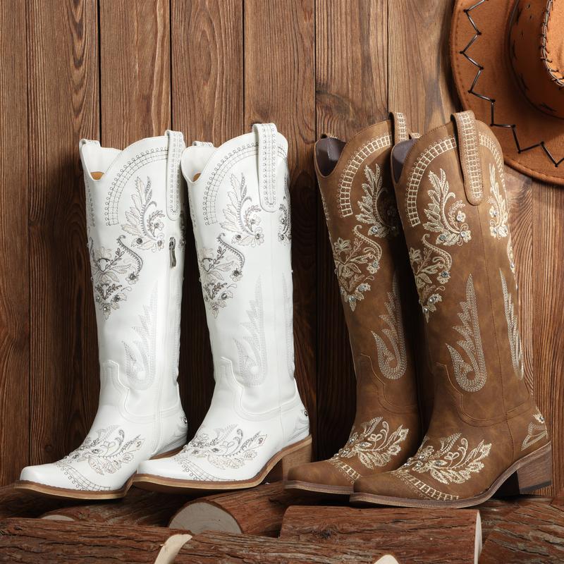 Pasuvo Cowboy Boots for Women -  Sparkly Rhinestone Western Boots with Classic Embroidery, Pointed Toe Pull On Zipper Retro Fashion Tall Boots,Botas Girl Shoe Walking Shoes Footwear Comfort Decor