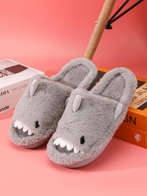 Men's Cute Cartoon Shark Design Plush Slippers, 2024 Casual Soft Comfortable Home Slippers, Warm Slippers for Indoor & Outdoor Use for Fall & Winter, Boy's Walking Shoes, Footwear