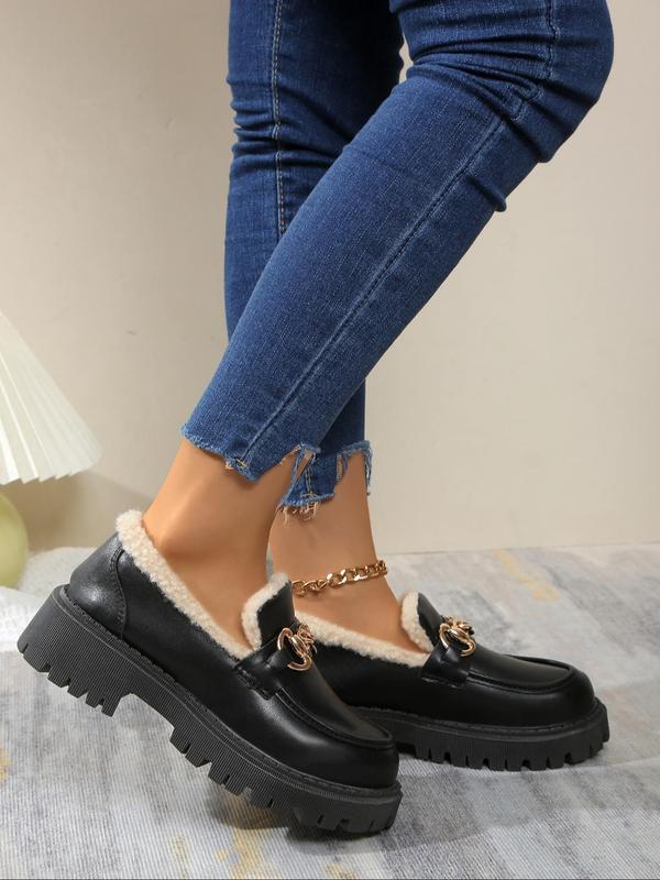 Women's Fashionable Solid Color Platform Loafers, Casual Warm Comfortable Slip on Shoes for Fall & Winter, Female All-match Round Toe Shoes for Daily Wear