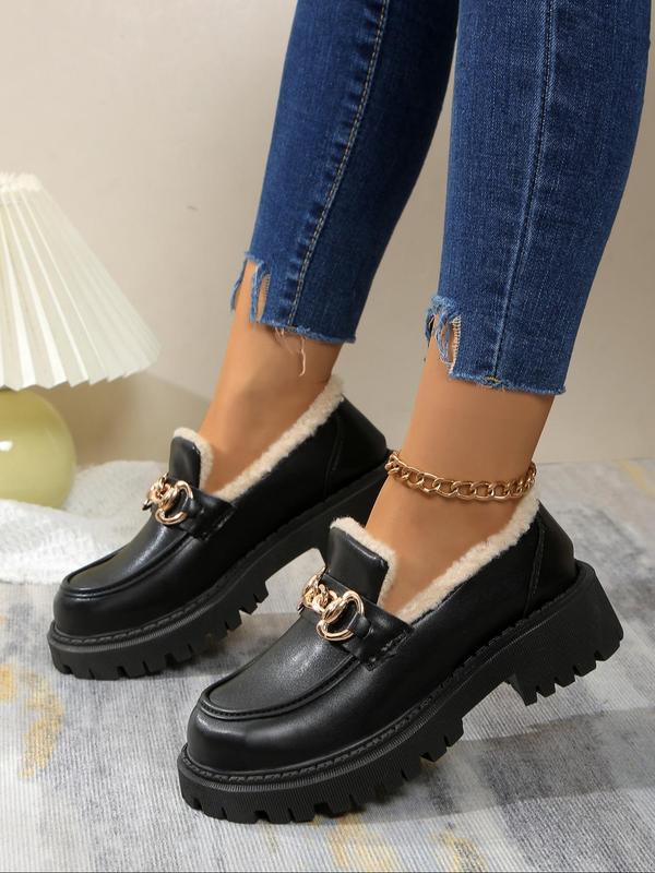 Women's Fashionable Solid Color Platform Loafers, Casual Warm Comfortable Slip on Shoes for Fall & Winter, Female All-match Round Toe Shoes for Daily Wear