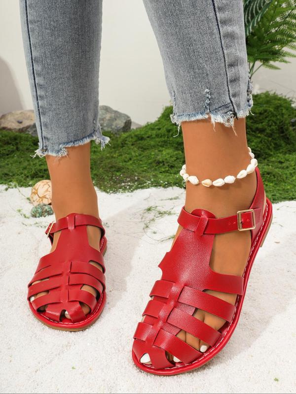 Women's Fashionable Hollow Out Design Flat Sandals, Casual Comfortable Buckle Sandals for Summer, Lightweight Breathable Barefoot Shoes for Daily Wear