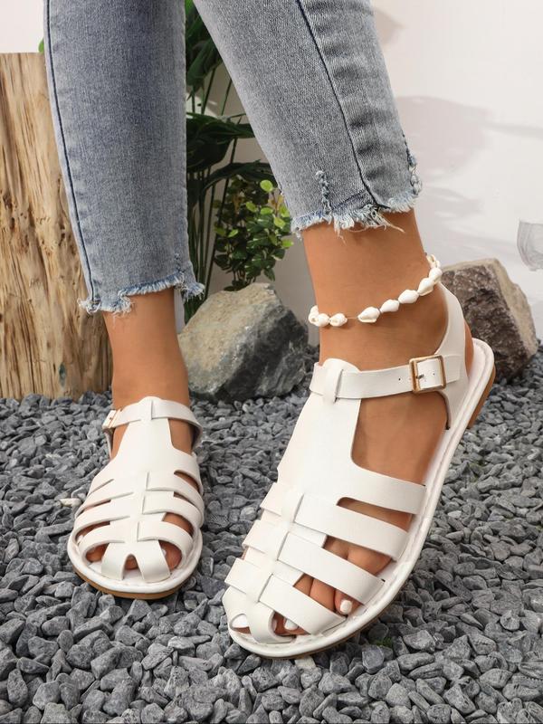 Women's Fashionable Hollow Out Design Flat Sandals, Casual Comfortable Buckle Sandals for Summer, Lightweight Breathable Barefoot Shoes for Daily Wear