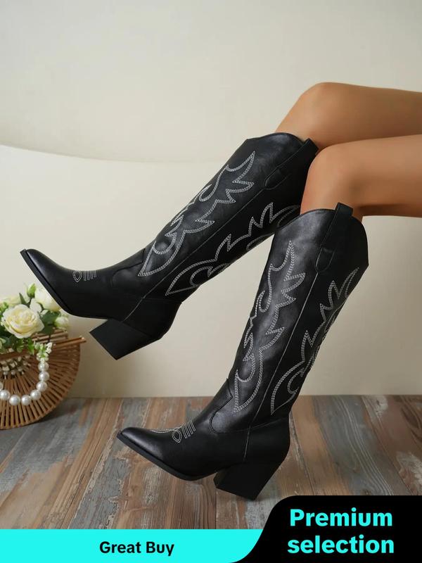 Women's Fashion Embroidering Design Cowboy Boots, Pointed Toe High Heel Boots for Party, Daily Clothing Decor for Women & Girls Thigh High Boots