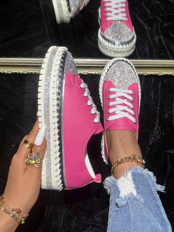 Women's Fashion Rhinestone Decorated Lace Up Platform Sneakers, Casual Comfortable Shoes for Daily Wear, Female All-match Round Toe Shoes for Daily Wear, Girl's Walking Shoes