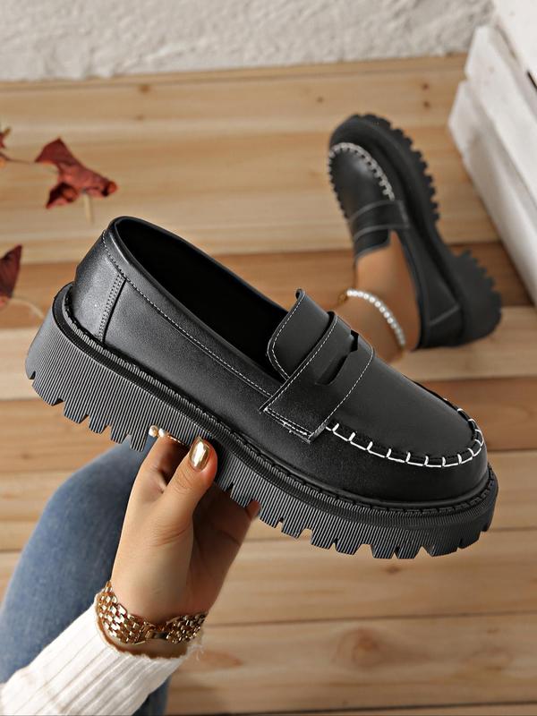 Women's Elegant Minimalist Chain Decor Loafers, Trendy Round Toe Slip on Flatform Shoes, Fashionable Platform Shoes for Daily Wear Shoes Loafers