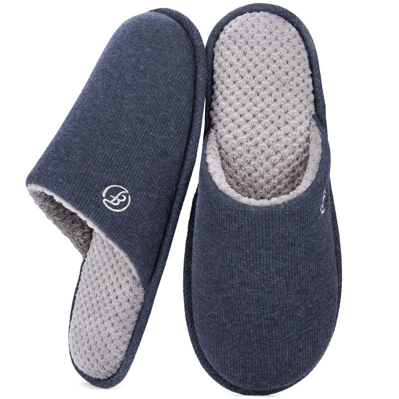 EverFoams Men's Cotton Knit Slippers Lightweight Memory Foam Indoor House Shoes with Anti-Skid Sole