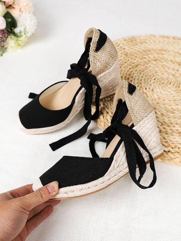 Women's 1 Pair Casual Wedge Sandals, Fashionable Solid Color Wedges For Beach, Daily Wear,  Ankle Strap Wedge Shoes For Women Bow Decor Espadrille Shoes