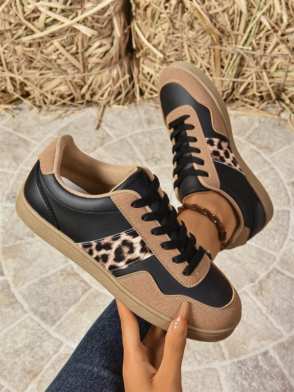 Women's Fashion Leopard Patchwork Print Lace Up Low Top Sneakers, Casual Comfortable Sports Running Shoes, Female All-match Round Toe Shoes for Daily Wear