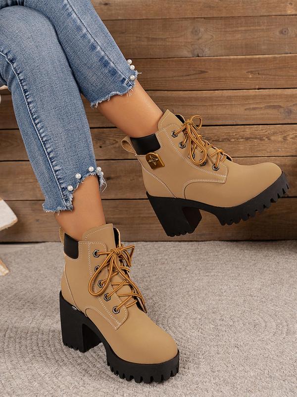 Women's Fashionable Solid Color Patched Design Lace Up Boots, Casual Comfortable Round Toe Boots for Daily Wear, Female All-match Trendy Shoes for Fall & Winter