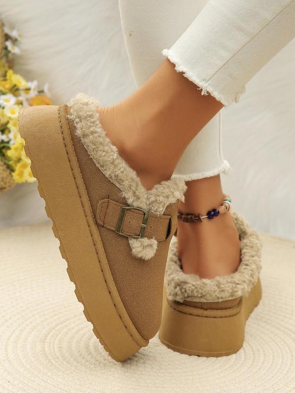 Women's Solid Buckle Decor Plush Slippers, Casual Soft Comfortable Home Slippers, Warm Slippers for Indoor & Outdoor Use for Fall & Winter Fur Slippers