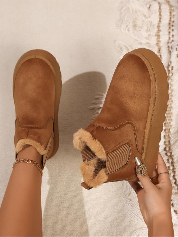 Women's Fashionable Contrast Faux Fur Design Ankle Chelsea Boots, Casual Comfortable Warm Boots for Winter, Female All-match Round Toe Shoes for Daily Wear